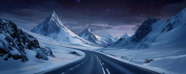 Wall Mural - mountain road landscape with night starry sky. travel and road trip concept. highway winding under s