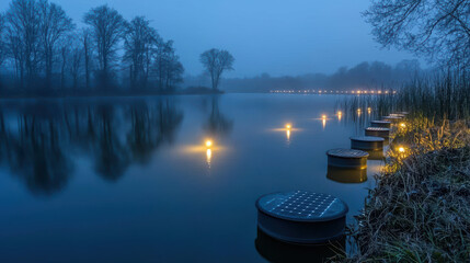 Wall Mural - tranquil lake at dusk with solar powered buoys illuminating water