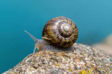 Canvas Print - macro shot of snail on rock by riverbed, showcasing its shell