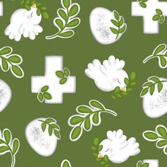 Easter seamless pattern with a dove, eggs and green branches on a green background