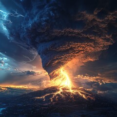 Aerial view of tornado event in dramatic foreign landscape high fidelity render