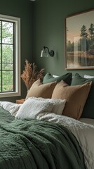 Poster - A tranquil bedroom features sage green bedding and plush pillows, surrounded by soothing earth tones and nature-inspired decor. Sunlight filters through the window, enhancing the peaceful atmosphere