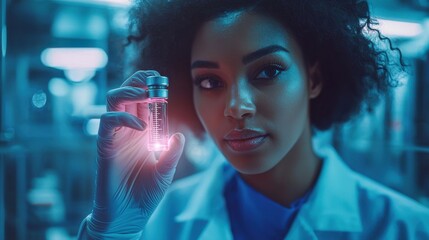 Poster - Nurse holding glowing medical vial in sterile environment medical laboratory image for healthcare professionals detailed scientific concept