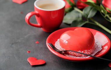 Wall Mural - red heart cake and espresso in small cup for valentines day , copy space