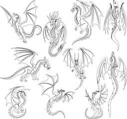 Wall Mural - set of sketches dragons, chinese dragons outline, vector