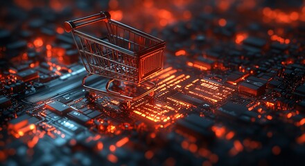 Poster - Shopping cart placed on a glowing circuit board in a futuristic digital marketplace