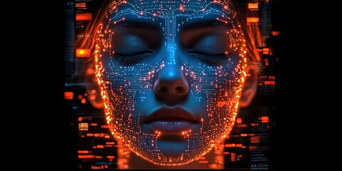 Poster - Digital art piece showcasing a woman's face illuminated by neon circuits and glowing patterns, representing technological evolution