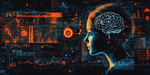 Poster - Innovative representation of the human brain and technology integration in a futuristic setting