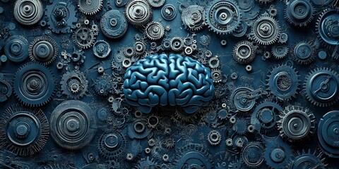 Poster - Blue brain surrounded by intricate gears on a dark surface creating a thoughtful and mechanical concept