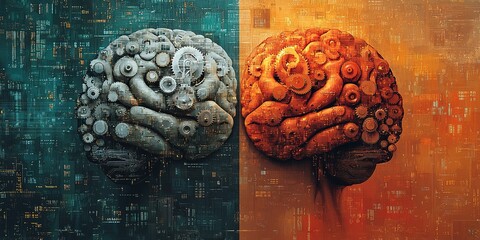 Poster - Artistic representation of a dual-colored brain with mechanical gears and technology-inspired designs