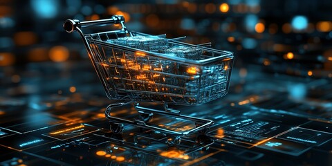 Poster - Digital shopping cart illuminated by neon lights against a tech-themed background