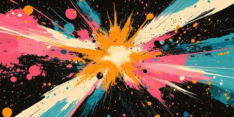 Poster - Bright explosion of color with streaks of pink, orange, blue, and white on a black background during an abstract artistic expression