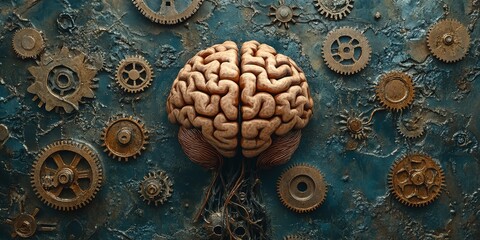 Poster - Creative depiction of a human brain intertwined with gears on a textured blue background
