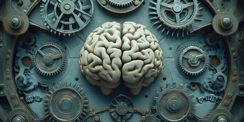 Poster - Intricate machinery surrounds a human brain symbolizing the fusion of technology and neuroscience in a creative art piece