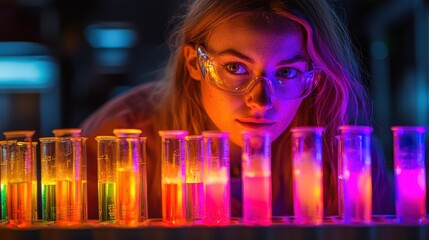 Poster - Nurse holding a tray of glowing test tubes in a laboratory scientific experiment innovative healthcare environment close-up view colorful chemistry concept