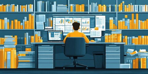 Poster - office workspace with charts and books during a busy workday in a modern environment