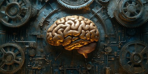Poster - Intricate golden brain sculpture surrounded by metallic gears and machinery in a creative art installation