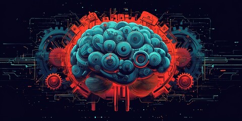 Poster - Colorful abstract representation of a brain interconnected with gears and technology in a futuristic setting