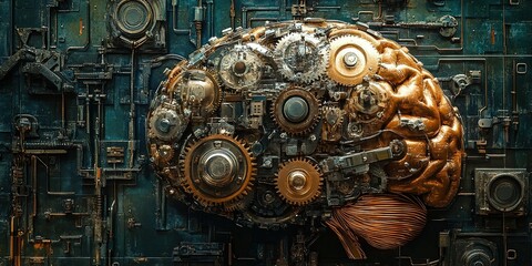 Poster - Complex mechanical brain with gears and circuits displayed against a dark background showcasing technology and innovation