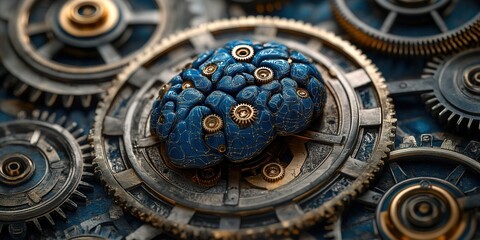 Poster - Exploration of a mechanized brain surrounded by intricate gears and cogs