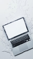 Poster - Laptop computer with blank white monitor covered by soap bubbles, providing a perfect mockup for design purposes, placed on a white surface, creating a clean and modern aesthetic