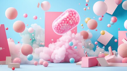 Poster - Retro Inspired Visual Composition Featuring Pink Bubblegum Elements and Playful Geometric Shapes
