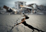 Deep crack splitting the ground near destroyed building after earthquake, illustrating devastating impact of natural disaster