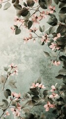 Poster - Delicate pink flowers bloom amidst lush olive green leaves, capturing the essence of spring. Soft light enhances the tranquil ambiance, inviting a sense of peace and renewal