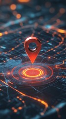 Aufkleber - Red location pin pointing destination on futuristic online map with glowing circles and network connections, representing navigation, tracking, and gps technology