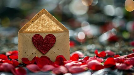 Poster - A beautifully crafted letter holder shaped like a house sits atop a bed of scattered rose petals. The heart detail adds a romantic touch, perfect for expressing love and affection.