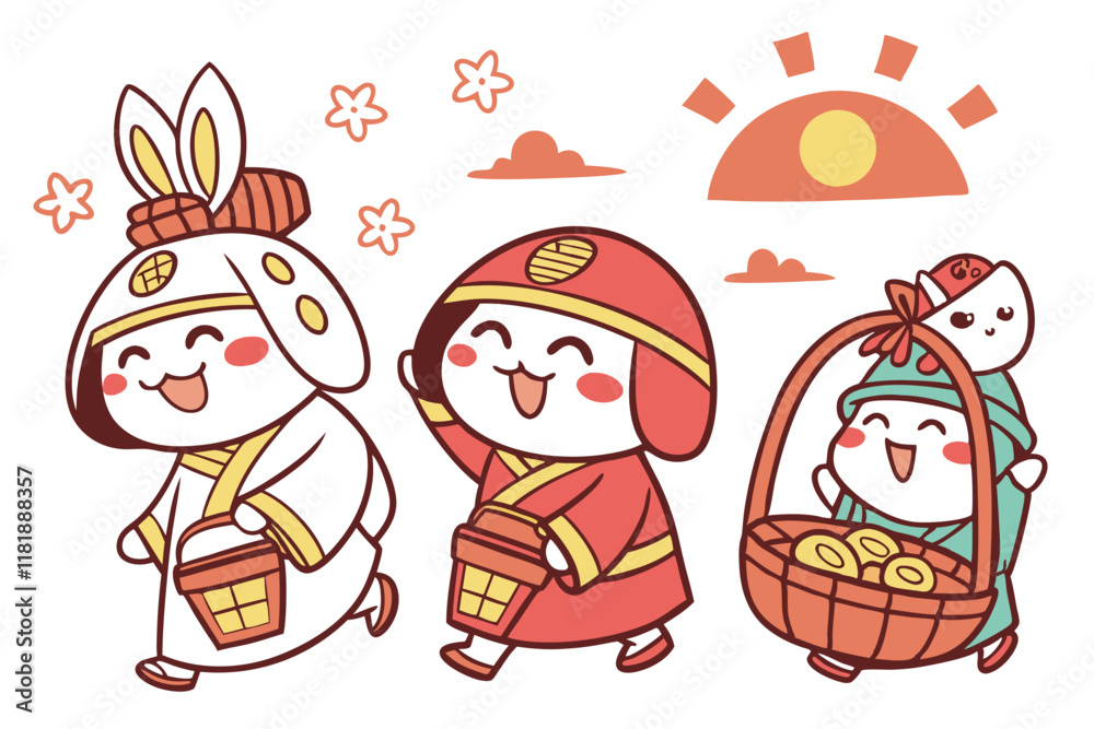 Cartoon Japanese deities, colorful chibi gods, cute Shinto kami ...