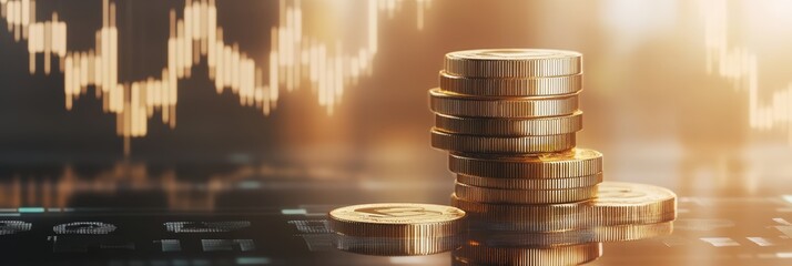 Poster - Growing stack of gold coins symbolizes positive investment in cryptocurrency, with candlestick chart in background showing upward trend. Captures essence of financial success in digital market