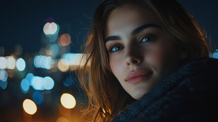 Wall Mural - Portrait of a young woman with city lights in the background