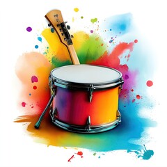 Colorful drum with vibrant paint splashes.