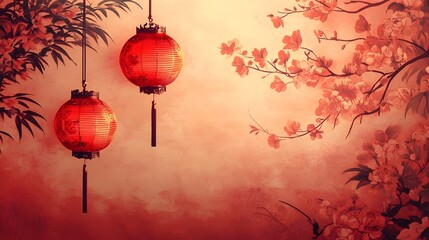 Wall Mural - vibrant red chinese lunar new year lanterns hanging against a backdrop of modern elegant decorative 