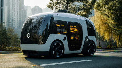 Poster - Driverless car, self driving vehicle technology and autonomous intelligent robo car, vector icon. Driverless cars with control sensors for smart traffic and autonomous transportation