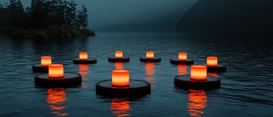 Wall Mural - a group of lit candles floating in a lake