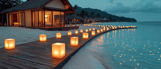 Wall Mural - a wooden walkway leads to a beach with lit candles