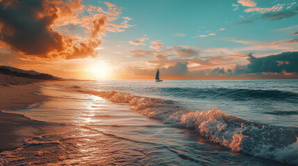 Wall Mural - Serene evening shoreline with colorful skies and a distant sailing boat