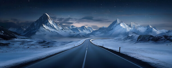 Wall Mural - mountain road landscape with night starry sky. travel and road trip concept. highway winding under s
