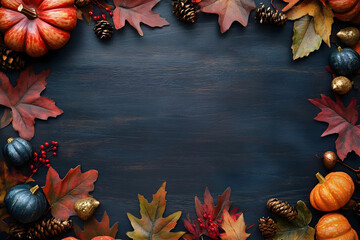 Wall Mural - autumn frame with cute colorful leaves and pumpkins. thanksgiving and harvest day trendy black woode