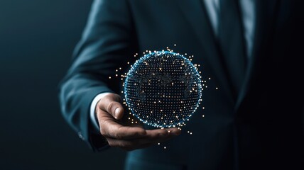 Poster - A hand holds a glowing, digital sphere, symbolizing technology, innovation, and data manipulation in a sleek, dark environment.