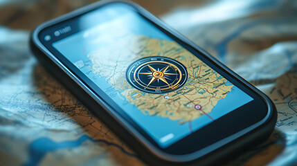 Poster - HUD navigation or city map navigation screen interface with compass, graphs and map points, vector. HUD roadmap or city map with satellite location pins and traffic route direction, smart app