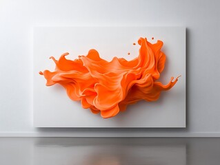 Poster - Captivating midair suspension of dynamic orange liquid shapes on a pristine white canvas showcasing the power of fluid dynamics through masterful high speed photographic techniques exuding a sleek