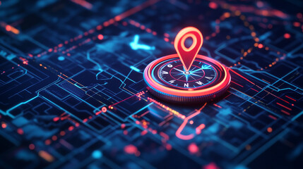 Poster - HUD navigation or city map navigation screen interface with compass, graphs and map points, vector. HUD roadmap or city map with satellite location pins and traffic route direction, smart app