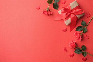 Wall Mural - valentines day background. beautiful decorations on red with copy space