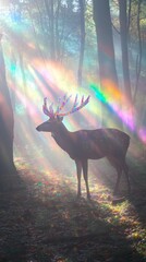 Poster - Within a magical forest, a majestic deer stands gracefully, its crystal antlers sparkling as vibrant rays of light dance around