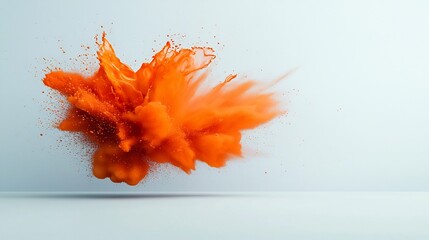 Poster - Explosive orange fluid composed against a pristine white surface emphasizing the striking color and captivating flow captured with specialized photographic techniques delivering a sharp