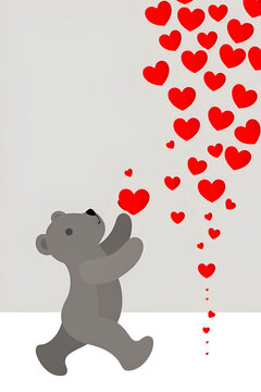 Teddy bear catches red hearts.