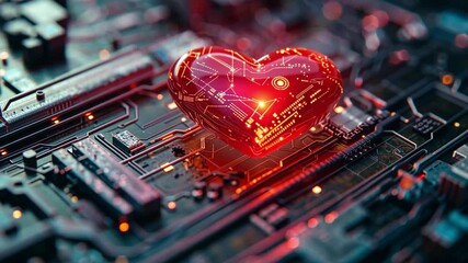 Fototapete - A glowing heart symbol sits atop a detailed circuit board, radiating light. The intricate patterns symbolize the fusion of technology and human emotion, embodying innovation in design.